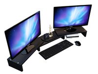 Computer Monitor Stand Riser for 2, Dual, Double, 3, Triple, Multi, Multiple Desktop Monitors with Adjustable Length & Angle, Laptop Corner Stands Lift Organizer, Long Wood Black Shelf Desk Storage