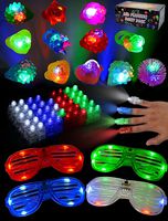 JOYIN 60 Pieces LED Light Up Toy Glow in the Dark Party Supplies, Party Favors for Kids with 44 LED Finger Lights, 12 LED Flashing Bumpy Rings and 4 Flashing Slotted Shades Glasses