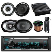 Kenwood KMMBT315U Single DIN Bluetooth Receiver - Kenwood 6.5 2-Way Speaker set - Kenwood 6x9 3-Way Car Speaker set - Enrock 400W 4-Channel Marine/Car Bluetooth Amplifier - Enrock 50Ft Speaker Wire