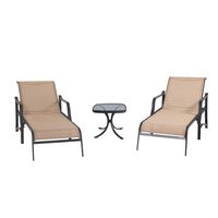 LOKATSE HOME Outdoor Patio Adjustable Metal Chaise Lounge Chair Recliner Set of 2 with 1 Glass Top Bistro Table, Beige