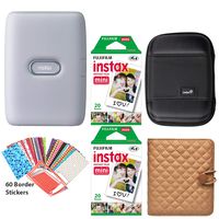 Fujifilm Instax Mini Link Smartphone Printer (Ash White), Photo Album (Coffee), Carrying Case, 40 Instax Sheets and 60 Border Stickers