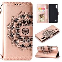 Cfrau Wallet Case with Black Stylus for Samsung Galaxy A10/M10,Retro 3D Henna Mandala Floral Embossed Magnetic Strap Flip PU Leather Card Slots Stand Soft Rubber Case for Galaxy A10/M10,Rose Gold
