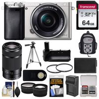 Sony Alpha A6000 Wi-Fi Digital Camera & 16-50mm (Silver) with 55-210mm Lens + 64GB Card + Case + Battery & Charger + Grip + Tripod + 2 Lens Kit