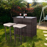 HTTH Bar Furniture Rattan Bar Table 3 Pieces Patio Bar Set Brown Flat Rattan Bar Stool and Backyard Garden Dining Table and Chairs with 2 Storage Racks and 5cm Cushions Bar Furniture (Beige)