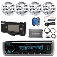Pontoon Boat Audio Package: Kenwood KMR-M325BT Marine Bluetooth Receiver, 4X Kenwood 6.5" 2 Way Marine Speaker (White), 4-Ch Amplifier, Amp Install Kit, Radio Cover, Amp Booster Kit, Tinned Wire