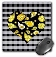 3dRose LLC 8 X 8 X 0.25 Inches Yellow Paisley Heart on Black and White Check Mouse Pad (mp_25358_1)
