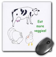 3dRose LLC 8 x 8 x 0.25 Inches Mouse Pad, Painting Drawing of A Cow Turkey and Chicken with The Message Eat More Veggies (mp_77687_1)