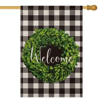 AVOIN Fall Boxwood Wreath Welcome House Flag Vertical Double Sided, Buffalo Check Plaid Rustic Farmhouse Burlap Flag Yard Outdoor Decoration 28 x 40 Inch