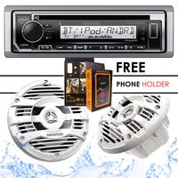 Kenwood KMR-D372BT Bluetooth Receiver + KFC-1653MRW 6.5" 2-Way Marine Speaker Boat-Yacht-ATV - 2 Speakers/150W + Free Magnet Phone Holder