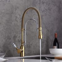 KunMai Single Handle High Arc Swiveling Dual-Mode Pull-Down Sprayer Kitchen Sink Faucet with Porcelain Handle in Gold&Chrome,Lead-free Solid Brass cUPC Certified Pre Rinse Faucet