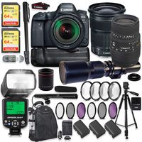 Canon EOS 6D Mark II DSLR Camera w/ 24-105mm Lens, Sigma 70-300mm Lens & 500mm Preset Lens + 64GB Sandisk Extreme Cards + Auto TTL Flash (Guide # 58/190 ft) + 60" Portable Tripod + Professional Kit