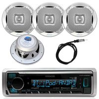 Kenwood InDash Marine Boat Bluetooth Digital USB AUX AM/FM Radio Stereo Player with 4X Lanzar 400 Watt 6.5" Silver Audio Speakers and Enrock 45" Radio Antenna -Complete Marine Audio Package