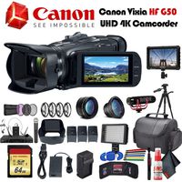 Canon Vixia HF G50 UHD 4K Camcorder (3667C002) with 2 Extra Batteries, Close Up Diopters,Tripod, Padded Case, LED Light, 64GB Memory Card, Tripod, External 4K Monitor, Rode Mic Go and Much More