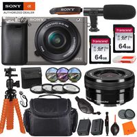 Sony Alpha a6000 Mirrorless Digital Camera with 16-50mm Lens - Gray & Pro Accessory Bundle incl. 2X 64GB Transcend Memory Card, Gadget Bag, UV-CPL-FLD Filters and Macro Kits and More