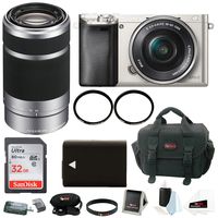Sony Alpha a6000 Mirrorless Camera w/ 16-50mm & 55-210mm Lens Bundle and 32GB SD Card Bundle (Silver)