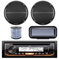 JVC KD-R97MBS In-Dash Marine Boat Bluetooth Radio USB CD Receiver Bundle Combo With Pair Enrock EKMR1672 6.5" Black Dual-Cone Stereo Speakers + Stereo Waterproof Cover + 18g 50FT Marine Speaker Wire