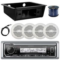 Kenwood MP3 Bluetooth Stereo Receiver Bundle Combo w/ Universal Underdash Kit, 4x 5" White Outdoor Speakers, Enrock Radio Antenna, 50t Speaker Wire - Golf Car RV Entertainment System