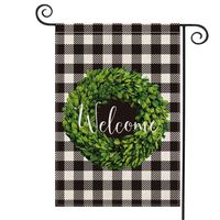 AVOIN Fall Boxwood Wreath Welcome Garden Flag Vertical Double Sided, Buffalo Check Plaid Rustic Farmhouse Burlap Flag Yard Outdoor Decoration 12.5 x 18 Inch