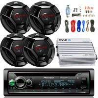 Pioneer DEH- Car CD Player Receiver Bluetooth USB AUX Radio - Bundle Combo with 4x JVC CSDR621 6.5" Inch 300-Watt 2-Way Black Audio Coaxial Speakers 4-Channel Amplifier, Amp Kit