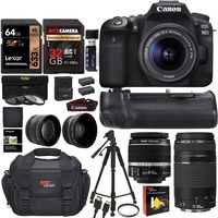 Canon EOS 90D DSLR Camera with Battery Grip, 18-55mm, 75-300 Lenses, Lexar 64GB U3 Video & Ritz Gear 32GB Memory Cards, Tripod, Card Reader, Bag, Filter Kit and More