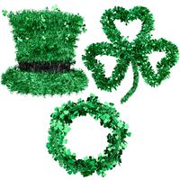 Whaline 3 Pack St. Patrick's Day Green Tinsel Garland Include Shamrock Wreath, Wire Garland and Leprechaun Hat for Irish St Patrick Party Favor Home Wall Decorations