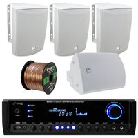 Pyle PT390BTU Bluetooth Digital Home Theater 300-Watt Stereo Receiver Bundle Combo with 4X Dual-Electronics LU53PW 125 Watt 3-Way White Indoor/Outdoor Speakers + Enrock 50ft 16g Speaker Wire