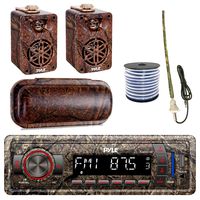Pyle Marine Single-DIN Bluetooth MP3 USB AUX Camo AM/FM Radio, Pyle 3.5" Wall Mount Indoor/Outdoor 3-Way Camo Speakers (Pair), Stereo Shield Cover, Enrock Camouflage Boat Antenna, 18-G 50 Ft Wire