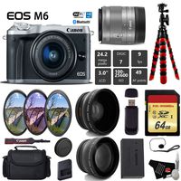 Canon EOS M6 Mirrorless Digital Camera (Silver) with EF-M 15-45mm is STM Lens + UV FLD CPL Filter Kit + Wide Angle & Telephoto Lens + Camera Case + Tripod + Card Reader - International Version Kit
