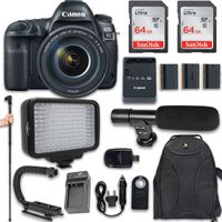 Canon EOS 5D Mark IV DSLR Camera with Canon EF 24-105mm f/4L is II USM Lens + 120 LED Video Light + Large Monopod + 128GB Memory + Shotgun Microphone + Camera & Flash Grip Handle Stabilizer