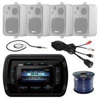Pyle PATVR14 Bluetooth Marine Boat Yacht Stereo Receiver Bundle Combo with 4X Enrock White 4'' 200-Watt Waterproof Stereo Box Speaker, Radio Antenna, USB/AUX to RCA Cable, 16G 50-FT Wire