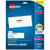 Avery Address Labels with Sure Feed for Laser Printers, 1-1/3" x 4", 350 Labels, Permanent Adhesive (5262), White