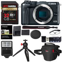 Canon EOS M6 Mirrorless Digital Camera Body (Black), Ritz Gear Extreme SD 32GB U3 Card, Tabletop Tripod, Photo Pack, Screen Protector, Card Reader, Camera Flash, and Accessory Bundle