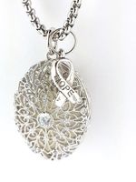 Filigree Oval Essential Oil Diffuser Necklace, Sterling Silver/Rhodium plated with"Hope Ribbon" charm, 18 inch chain, and 3 felt pads included.
