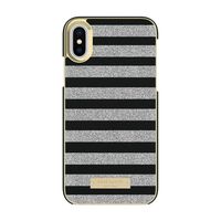 Kate Spade New York Phone Case | for Apple iPhone X and 2018 iPhone Xs | Protective Leather Wrap Phone Cases with Slim Design, Drop Protection - Glitter Stripe Black Saffiano/Silver Glitter