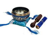 Tibetan Singing Bowl Set By Dharma Store - With Traditional Design Tibetan Buddhist Prayer Flag - Handmade in Nepal (Blue)