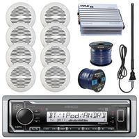 Kenwood KMRM322BT Marine Boat Radio Stereo Receiver Bundle Combo With 8x Magnadyne WR45W 5" White Waterproof Speakers, 400-Watt Car/Marine Amplifier, Enrock Radio Antenna, 50ft 16g Speaker Wire