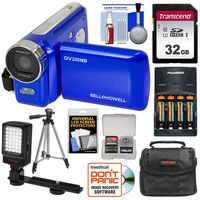 Bell & Howell DV200HD HD Video Camera Camcorder with Built-in Video Light (Blue) with 32GB Card + Batteries & Charger + Case + Tripod + LED Video Light + Kit