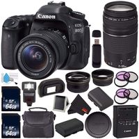 Canon EOS 80D DSLR Camera with 18-55mm Lens 1263C005 (International Version) + Canon EF 75-300mm f/4-5.6 III Telephoto Zoom Lens + 64GB SDXC Card + LP-E17 Replacement Lithium Ion Battery Bundle
