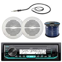 JVC KD-X33MBS Marine Boat Yacht Radio Stereo Player Receiver Bundle Combo With 2x Magnadyne WR45W 5" Inch White Waterproof Outdoor Speakers + Enrock 22" Radio Antenna + 50 Foot 16g Speaker Wire