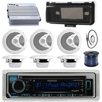Kenwood KMRD372BT Marine Boat Audio Bluetooth CD Player Receiver W/Protective Cover - Bundle Combo with 6X White 6-1/2'' 150W Waterproof Stereo Speakers + Enrock Antenna + 400W Amplifier + 50-FT Wire