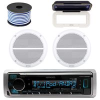 Kenwood Marine Bluetooth Radio  In-Dash Boat Audio Receiver Bundle with Pair of Enrock 6.5" Dual-Cone Stereo Speakers, Stereo Waterproof Cover, 18g 50ft Marine Speaker Wire (White)
