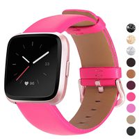 Mosstek Genuine Leather Bands Compatible with Fitbit Versa 2 & Versa 1 & Versa Lite & Versa Special, Genuine Leather Band Replacement Strap for Versa Women Men - Hot Pink