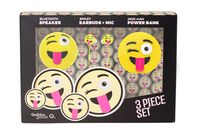 GabbaGoods 3 Piece Tongue Out Emoticon Kids Electronics Combo Gift Set- Gabba Goods Bluetooth Wireless Audio Sound Speaker, In-Ear Emoji EarBuds with Mic, and a 2600 mAh Portable Charging Power Bank