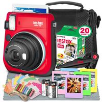 Fujifilm Instax Mini 70 Instant Film Camera (Red) W/Deluxe Accessory Bundle Instax Twin Pack Instant Film, Frames + Xpix Table Top Tripod, CR-2 Battery + Fibertique Cleaning Cloth