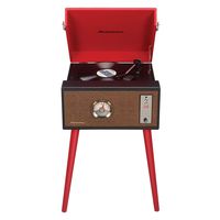 SB6085 Floor Stand Turntable, Bluetooth Receiver, CD Player, FM Radio, Wood Cabinet, 3W RMS Speakers x 2 (Red)