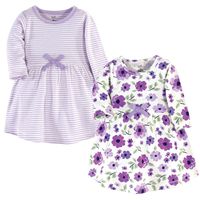 Touched by Nature Girls, Toddler, and Baby Organic Cotton Long-Sleeve Dresses, Purple Garden, 2 Toddler
