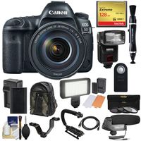 Canon EOS 5D Mark IV 4K Wi-Fi Digital SLR Camera & EF 24-105mm f/4L is II USM Lens with 128GB Card + Battery & Charger + Backpack + Flash + LED Light + Microphone + Kit