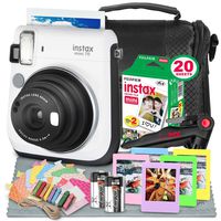 Fujifilm Instax Mini 70 Instant Film Camera (Moon White) W/Deluxe Accessory Bundle Instax Twin Pack Instant Film, Frames + Xpix Table Top Tripod, CR-2 Battery + Fibertique Cleaning Cloth
