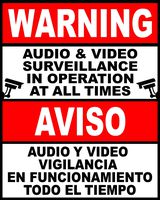 Bilingual Audio & Video Surveillance in Use at All Times Decal. 9"x12" 5 Pack (5-Decals). English & Spanish Made in USA.