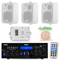 Pyle PDA6BU 200-Watt 2-Channel Digital USB/AUX FM Radio Stereo Amplifier Receiver, Bundle Combo With 4x Enrock EKMR408W 4" Inch 200-Watt 3-Way White Box Speakers, 50 Feet 18-Gauge Speaker Wire